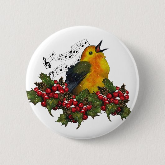 kerstvogel zingt met Hollly, Berries Ronde Button 5,7 Cm (Voorkant)