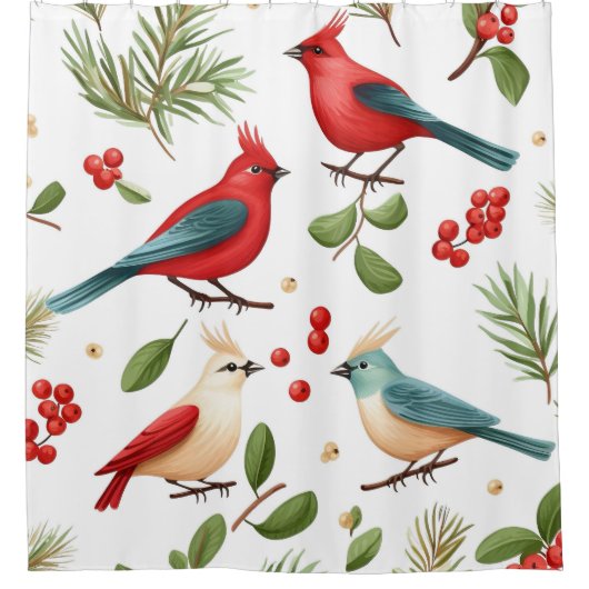 Kerstvogels en bessen douchegordijn (Voorkant)