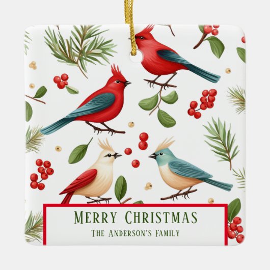 Kerstvogels en bessen op maat keramisch ornament (Voorkant)