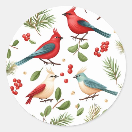 Kerstvogels en bessen ronde sticker (Voorkant)