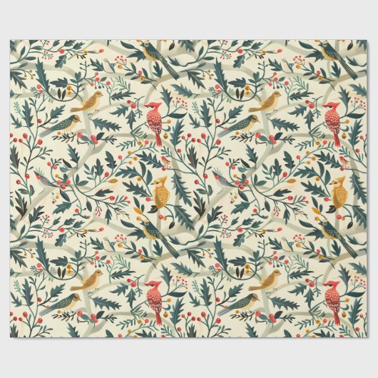 Kerstvogels en bladeren cadeaupapier (Vlak)