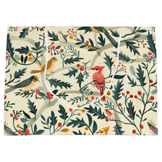 Kerstvogels en bladeren groot cadeauzakje (Voorkant)
