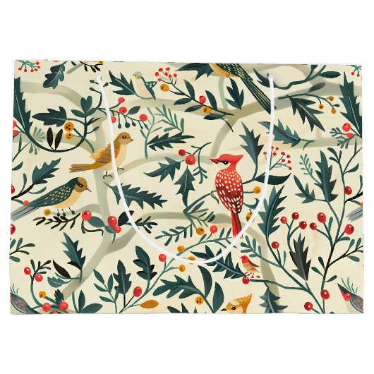 Kerstvogels en bladeren groot cadeauzakje (Achterkant)