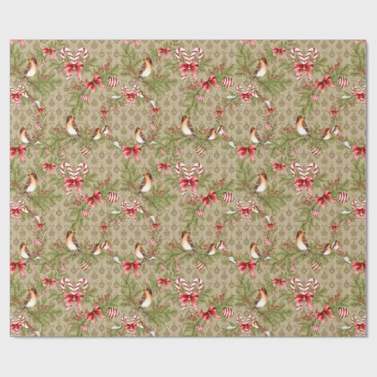 Kerstvogels en pijnboomtruien en snoepsnoepjes cadeaupapier (Vlak)