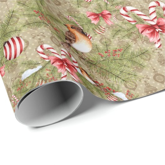 Kerstvogels en pijnboomtruien en snoepsnoepjes cadeaupapier (Rol Hoek)