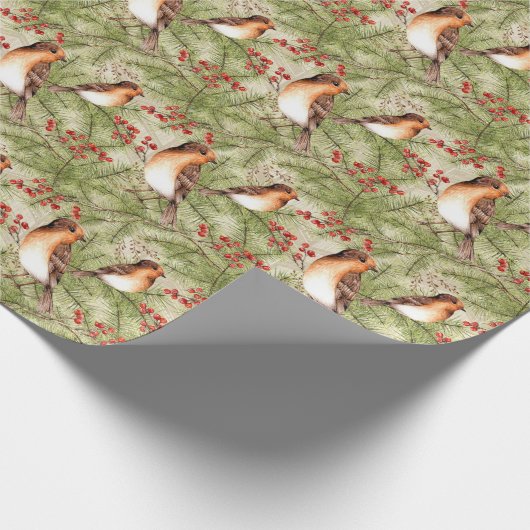 Kerstvogels en pijnhout en bessen cadeaupapier (Hoek)