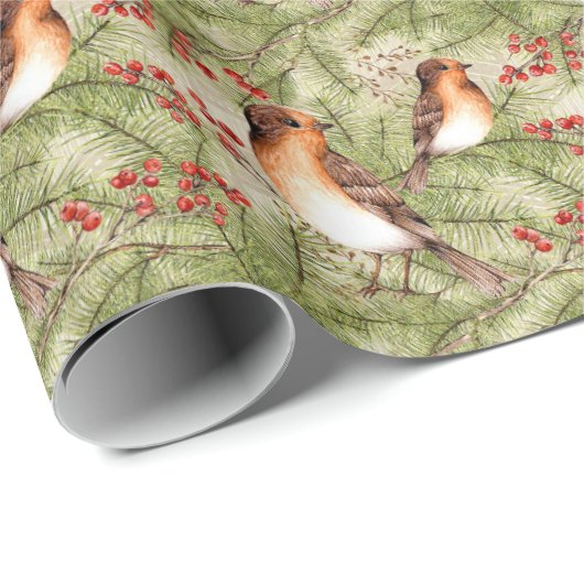 Kerstvogels en pijnhout en bessen cadeaupapier (Rol Hoek)