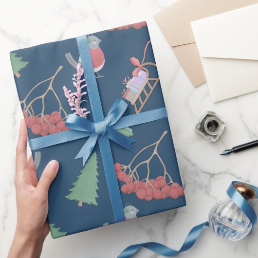 Kerstvogels en Slapjes blauw Cadeaupapier