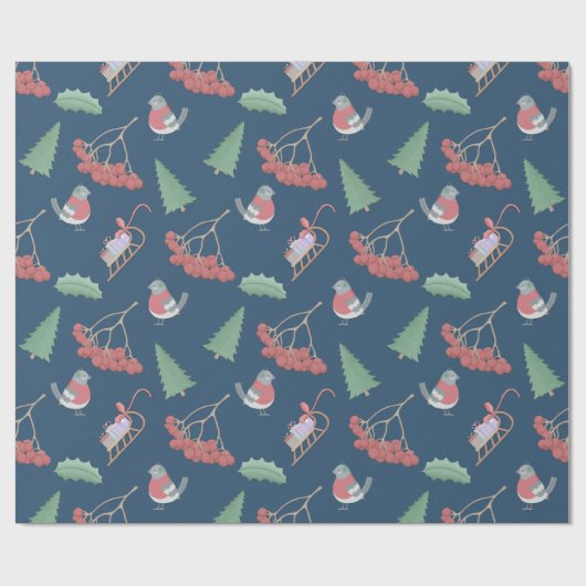 Kerstvogels en Slapjes blauw Cadeaupapier (Vlak)