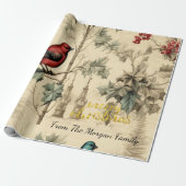 Kerstvogels Hulstbessen Vintage Cadeaupapier (Uitgerold)