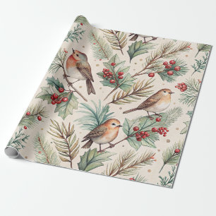 Kerstvogels in vintage stijl - Hulst en Roodborst Cadeaupapier