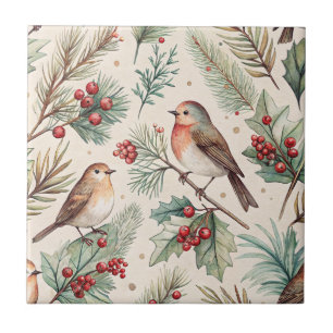Kerstvogels in vintage stijl - Hulst en Roodborst Tegeltje
