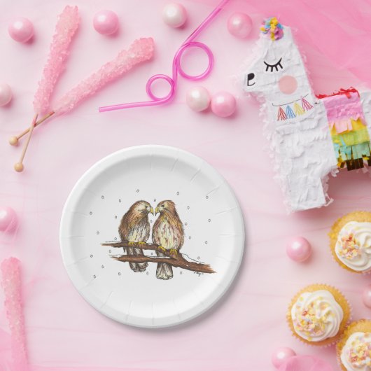 Kerstvogels met rood-geëmailde Hawks in sneeuwse B Papieren Bordje (Feest)