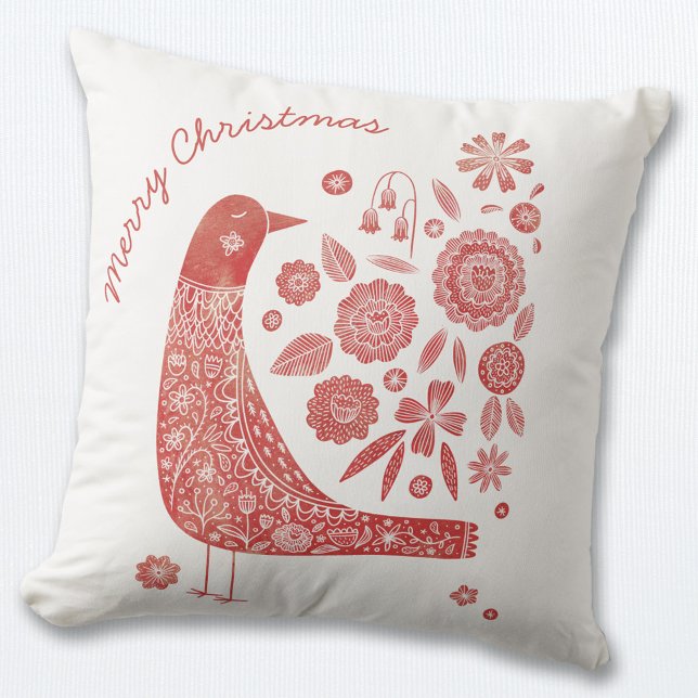 Kerstvogels Scandinavian Red White Kussen (Scandinavian Nordic red and white bird pillow with Merry Christmas text.)