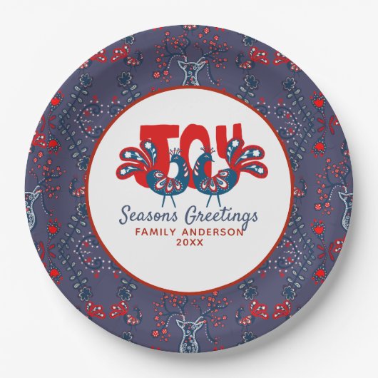 Kerstvolkskunst Scandinavische vogel rood blauw Papieren Bordje (Voorkant)