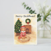 Kerstvos bij de open haard feestdagenkaart (Staand voorkant)