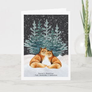 Kerstvosstel Met Boom En Sneeuw Aquarel Kaart