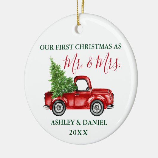 Kerstvrachtkalligrafie Mr. Mrs. Red Green Keramisch Ornament (Links)