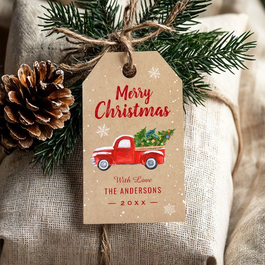 Kerstvrachtwagen Merry Kerstmis Snowflakes Kraft Cadeaulabel
