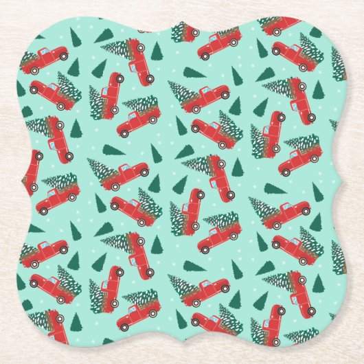 Kerstvrachtwagen met een roodbruine boom kartonnen onderzetters (Voorkant)