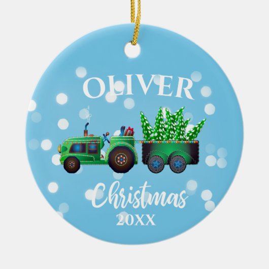 Kerstvrachtwagens Foto Cute Blue Kinder Keramisch Ornament (Voorkant)