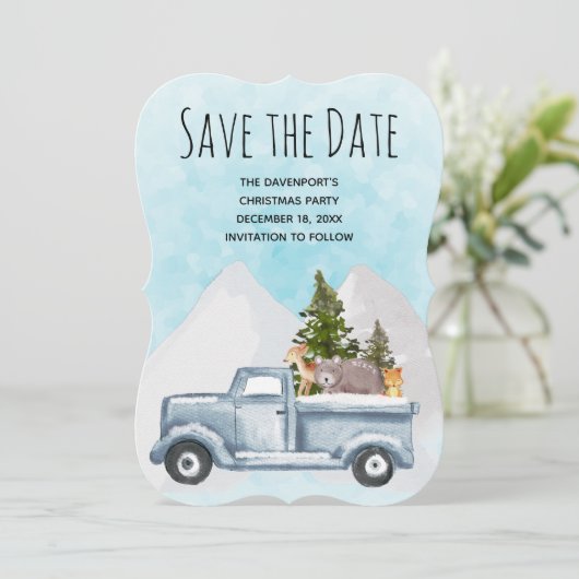 Kerstvrachtwagens met bomen en dieren save the date (Staand voorkant)