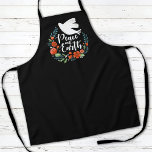 Kerstvrede op aarde bakken schort<br><div class="desc">Een  schort met een duif in een bloemenkrans met de woorden Peace on Earth. Het kerst schort is ontworpen in zwart,  rood en wit. Een mooi schort voor de kerstvakantie.. Ontworpen voor u door Blackberry Boulevard.</div>