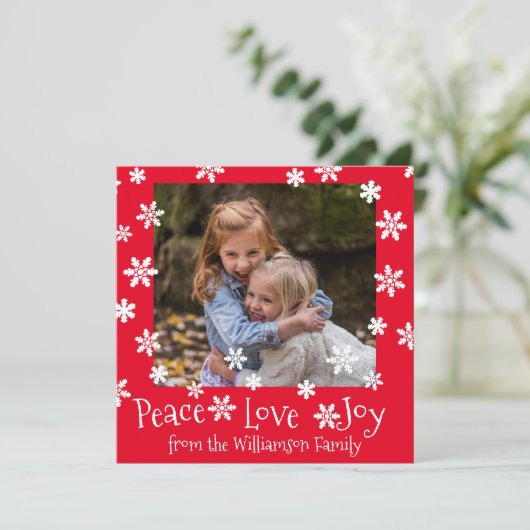 Kerstvredesliefde Joy White Snowflake Red (Staand voorkant)