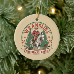 Kerstvreugde Cowboy Kerstman Paardrijden Keramisch Ornament