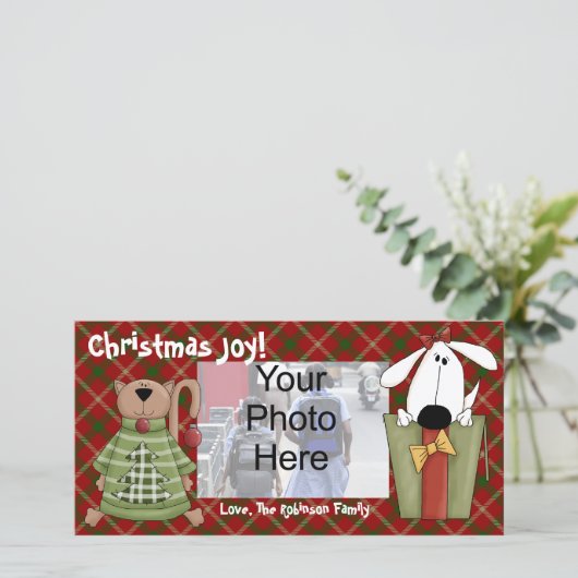 Kerstvreugde, hond en kat aangepaste fotokaarten feestdagenkaart (Staand voorkant)
