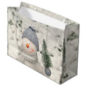 Kerstvreugde met een glimlachende sneeuwman groot cadeauzakje (Voorkant Gekanteld)