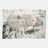 Kerstvreugde met een glimlachende sneeuwman theedoek (Horizontaal)