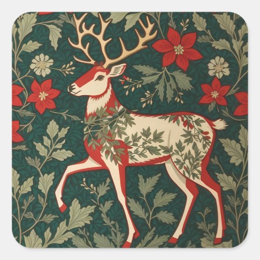 Kerstvreugde Rendier William Morris Geïnspireerd Vierkante Sticker (Voorkant)