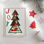 Kerstvreugde Vijf Fotocollage Boom Feestdagenkaart<br><div class="desc">Deze Christmas Joy Five Photo Collage Tree Holiday Kaart design is geïnspireerd op het maken van handgemaakte kerstkaarten toen we kinder waren - het uitsnijden van kleurrijk papier in vrolijke kerstboomvormen gerangschikt met afbeeldingen van onze familie. Dit zoete en vreugdevolle ontwerp heeft een schone witte achtergrond met "Joy" in speelse,...</div>