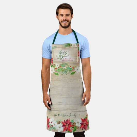 Kerstvreugde voor de Bourgogne Poinsettia Floral Schort (Gedragen)