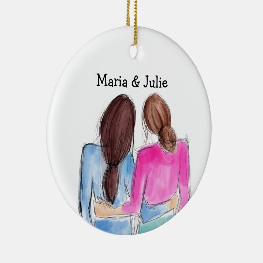 Kerstvriendjescadeau Twee brunette meisjes Keramisch Ornament (Rechts)