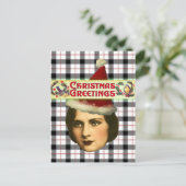 Kerstvrouw in kerstmuts vintage briefkaart (Staand voorkant)