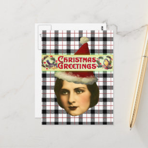 Kerstvrouw in kerstmuts vintage briefkaart