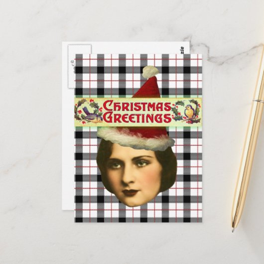 Kerstvrouw in kerstmuts vintage briefkaart (Voorkant / Achterkant in situ)