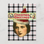 Kerstvrouw in kerstmuts vintage briefkaart (Voorkant)