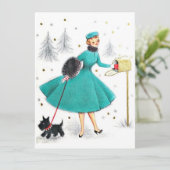  kerstvrouw met een kleine hond feestdagenkaart (Staand voorkant)