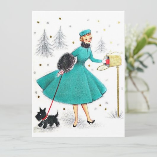 kerstvrouw met een kleine hond feestdagenkaart (Staand voorkant)