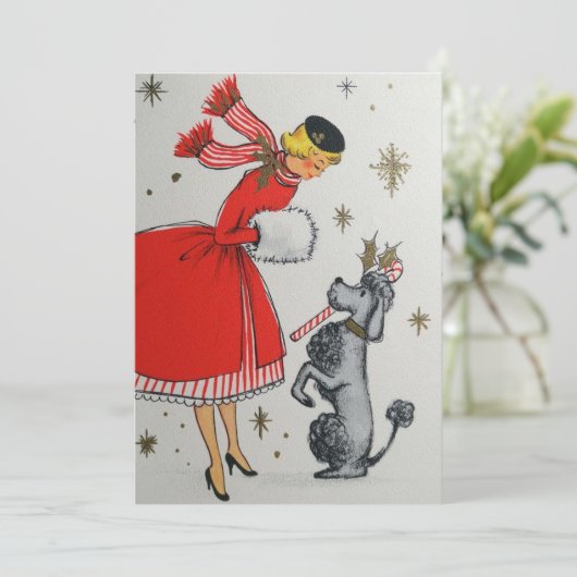 kerstvrouw met Retro met poolkast Feestdagenkaart (Staand voorkant)