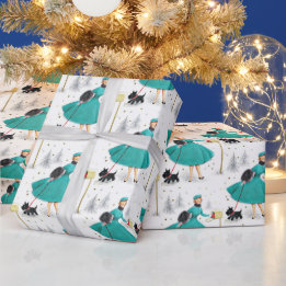 kerstvrouw met retro met Scotty Dog Cadeaupapier