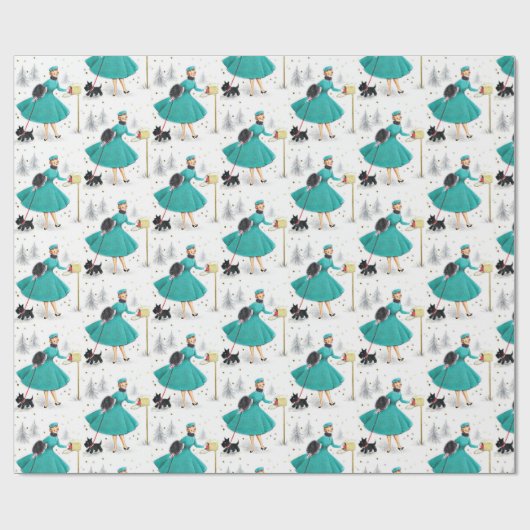  kerstvrouw met retro met Scotty Dog Cadeaupapier (Vlak)