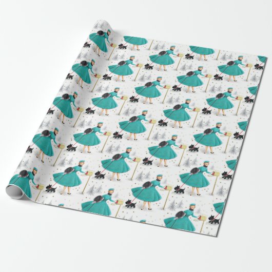 kerstvrouw met retro met Scotty Dog Cadeaupapier (Uitgerold)