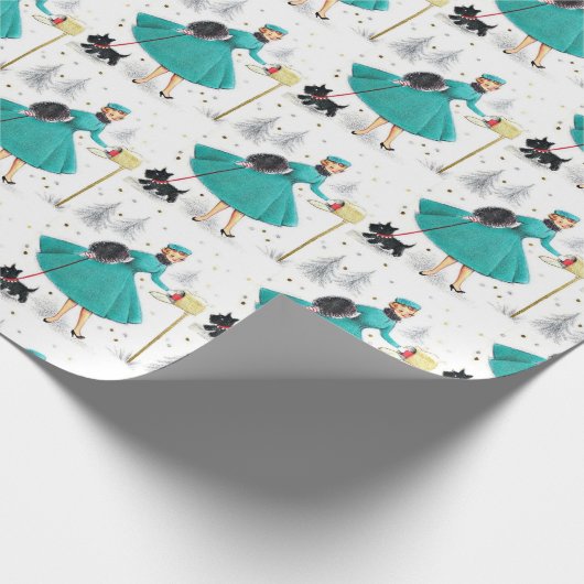 kerstvrouw met retro met Scotty Dog Cadeaupapier (Hoek)