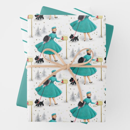 kerstvrouw met retro met Scotty Dog Inpakpapier Vel (In situ)