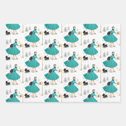 kerstvrouw met retro met Scotty Dog Inpakpapier Vel (Voorkant)