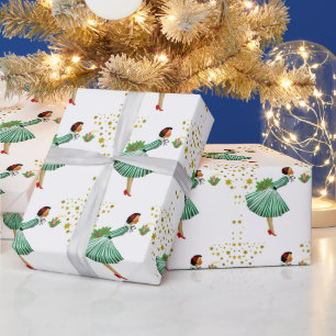 Kerstvrouw uit vroeger tijden die een kaars uitbla cadeaupapier